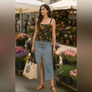 Handmade denim midi skirt w/slit, front & back pockets, slanted button closure 🩵